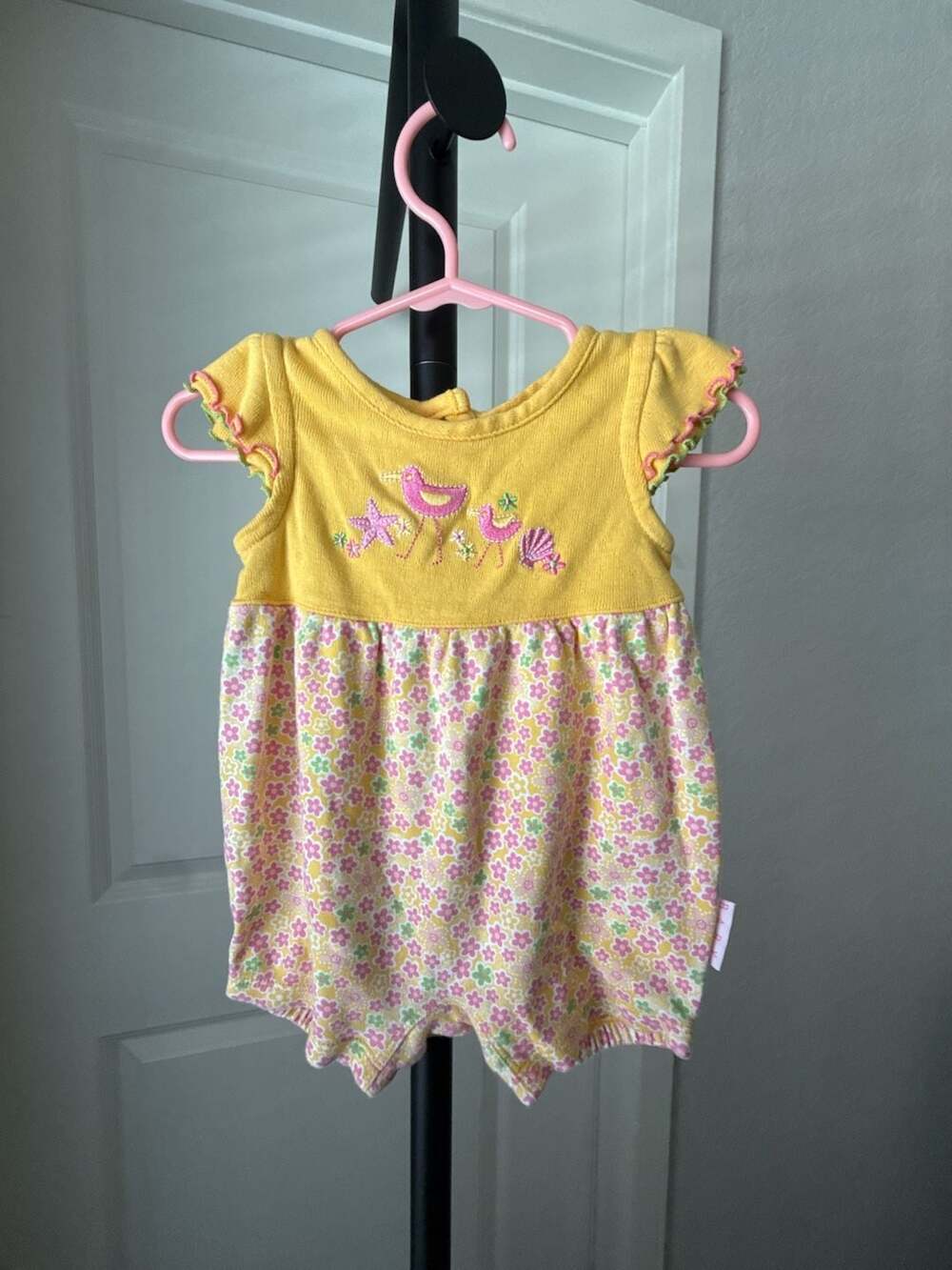 Baby Girl Yellow Floral Romper with Bird and Shell Applique